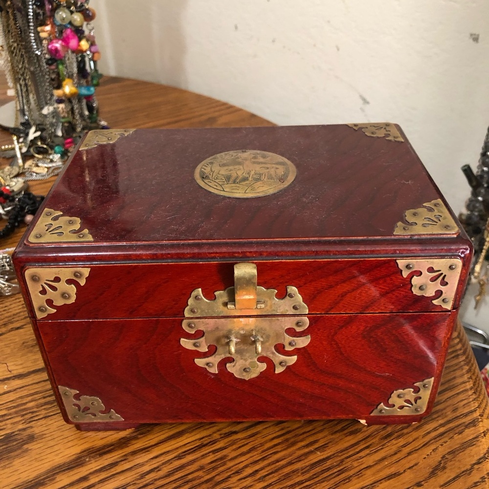 Vintage Chinese wooden Brass Jewelry Box